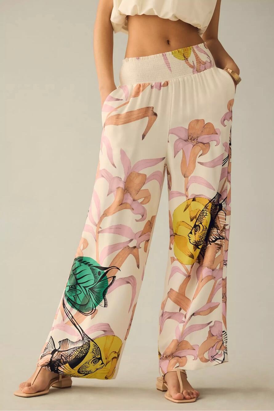 Maeve Pia Binazzi Women's White Multi Graphic Floral Print Wide Leg Pants Sz XS